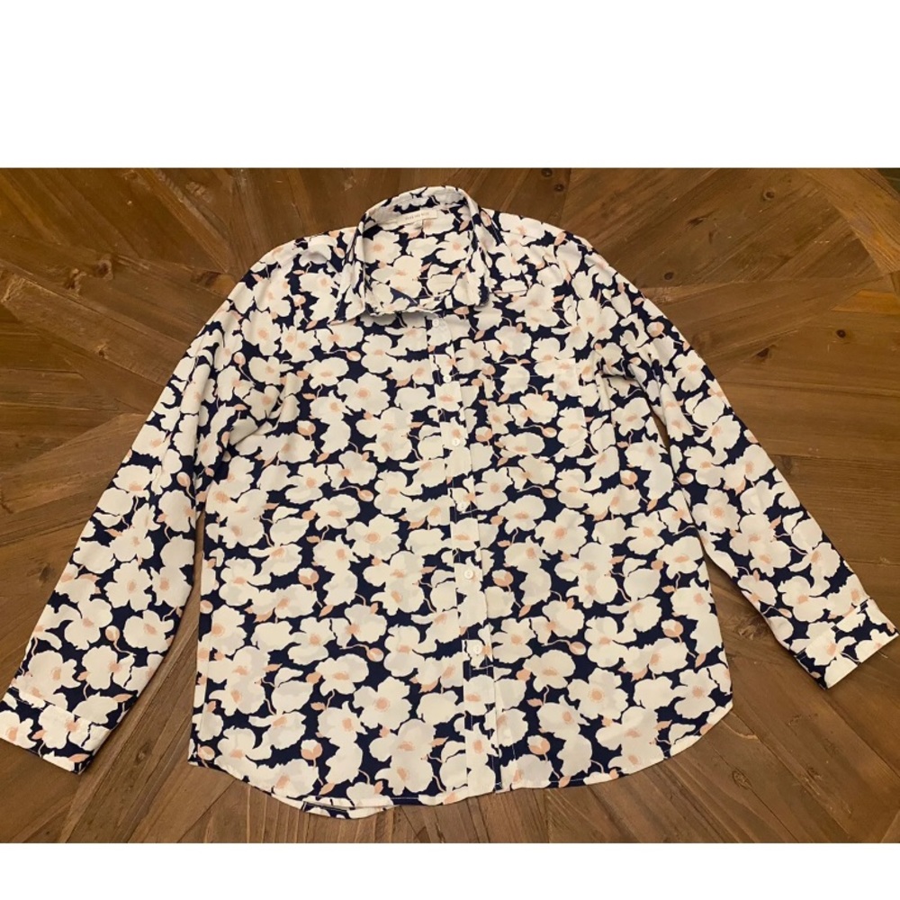 Skies Are Blue Navy Blue Floral Button Up Long Sleeve Blouse Top sz M Relaxed
